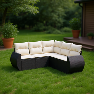 Ensemble de canapés de jardin en rotin noir avec coussins crème, mobilier d'extérieur au design contemporain, résistant à l'eau et aux UV, en matériau PE - Product Image 2