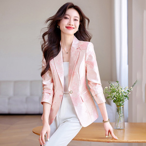 Pink Jacquard Acetate Satin Blazer Women Autumn Single Button Slim Fit Elegant Style - Product Image 3