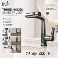Robinet de lavabo de salle de bain en laiton sur mesure avec affichage numérique, cartouche céramique, finition brossée, monocommande extractible, montage sur plan, cascade