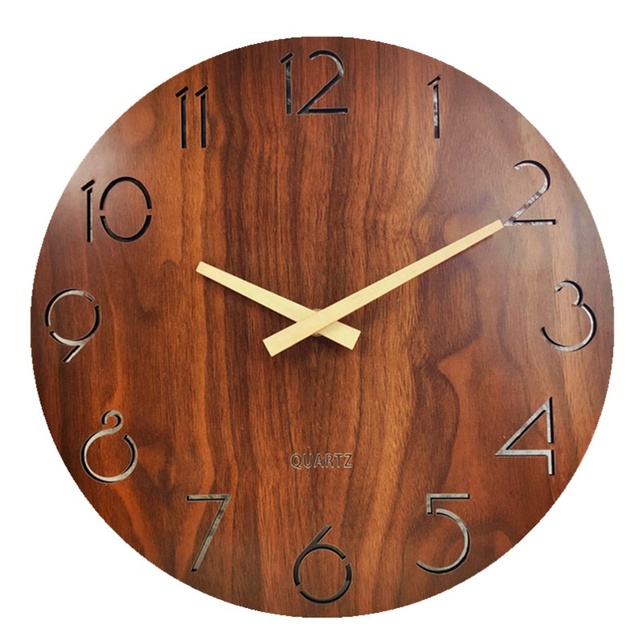 Customized Silent Environmental Walnut Carved Wood Timber Wall Clock