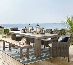 현대 안뜰 가구 구체적인 정상 등나무 식사 의자를 가진 옥외 식탁 나무로 되는 벤치 정원 테이블과 의자 세트
