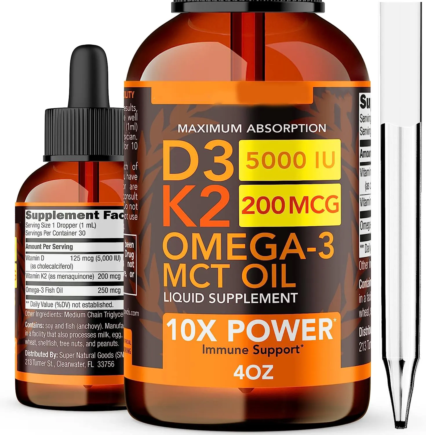 Vitamina D3 K2 Gotas Líquidas 5000 IU (4oz) Máxima Fuerza Multivitamínico Y Omega 3 Suplemento Hueso Y Soporte