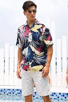 Kemeja Pria Trendi, Kemeja Tropis Hawai Pria dengan Kerah Turun Baju Liburan Pantai Motif Bunga Kasual Kancing Lengan Pendek