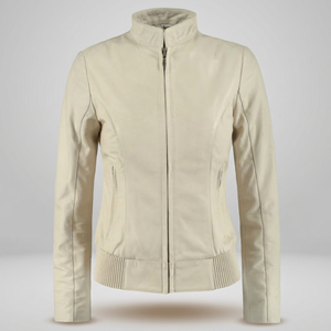 เสื้อแจ็คเก็ตหนังวัวแท้ทรงบอมเบอร์ แบรนด์ GLOBAL LEATHER สีขาว คอตั้ง ถักทอ ระบายอากาศได้ดี เป็นมิตรกับสิ่งแวดล้อม เหมาะสำหรับฤดูหนาว สไตล์วาร์ซิตี้ สำหรับผู้หญิง - Product Image 4