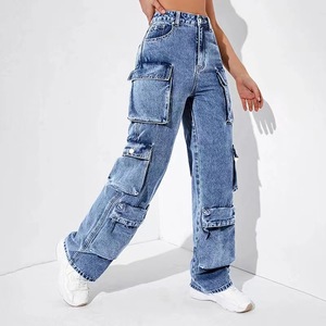 Jeans Cargo da <span class=keywords><strong>Donna</strong></span> a Vita Alta <span class=keywords><strong>con</strong></span> Tasche Multiple, Gamba Larga, Denim Sbiadito e Lavato, Jeans Sovrapposti in Cotone - Product Image 5