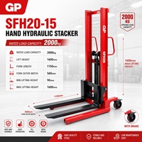 Gerbeur manuel GP SFH20-15, capacité de levage 2000 kg, hauteur de levage 1,6 m, fourches de 1150 mm, pneus en PU, fonctionnement hydraulique, frein de stationnement, certifié CE, terrain accidenté