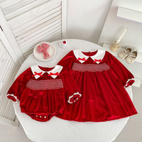 Robe-bodysuit en velours smocké rouge à col Claudine pour bébés filles, tenue de Noël assortie pour frères et sœurs