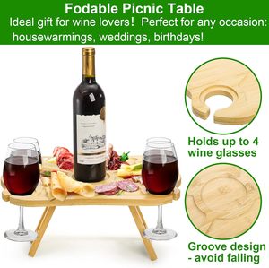 Tavolo da Picnic Portatile Pieghevole, Vassoio per Snack da Picnic in Bambù con Portabicchieri per Vino, Ideale per Parco, Spiaggia e Viaggi - Product Image 6