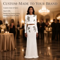 Robe de soirée deux pièces ornée de cristaux ivoire pour femme, haut court et jupe colonne, manches longues, pour mariage ou cérémonie, fabrication OEM ODM directe usine