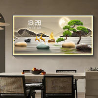 Horloge murale numérique en peinture sur porcelaine à cristaux LED, art de paysage, cadre en diamant pour la décoration de restaurant, support de toile