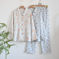 Pyjama en coton à double gaze romantique d'hiver à manches longues à taille élastique respirant mignon pour femme imprimé dessin animé ODM/OEM Logo personnalisé