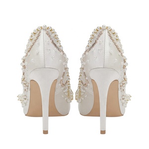 Large Size 46 Silk Pearls Thin Heels Women Dress <b>Shoes</b> Chic High-heeled Pumps Pointy Toe Flower Wedding Styles Stiletto - Product Image 4