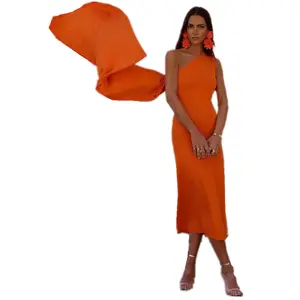 TAOP & ZA 2023 rok panjang asimetris bahu miring oranye baru musim panas jubah rajutan Vestidos Mujer