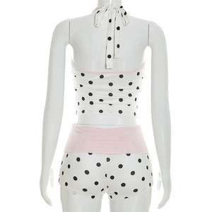 Sweet Fason Polka Dot Print Patcwork Womens Matcng <b>Sets</b> Alter Vneck Backless Crop Top and Sorts 2 Piece <b>Set</b> - Product Image 6