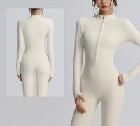 Jumpsuit Yoga ketat setengah ritsleting, setelan latihan olahraga panjang pembentuk elastisitas tinggi kerah berdiri