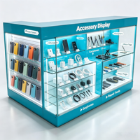 Kiosque mobile de réparation de centres commerciaux personnalisé avec éclairage LED bleu lac, panneaux d'affichage Slatwall, vitrines en verre trempé et armoires de rangement à tiroirs