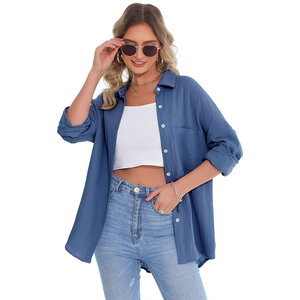 Nuevo estilo, Blusa de algodón de ajuste Regular informal para <span class=keywords><strong>mujer</strong></span>, detalle de botones, Color sólido, azul, prendas de vestir para <span class=keywords><strong>mujer</strong></span> - Product Image 6