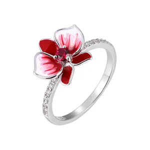 时尚925纯银时尚珠宝珐琅花戒指，红色锆石，适合女性婚礼和订婚