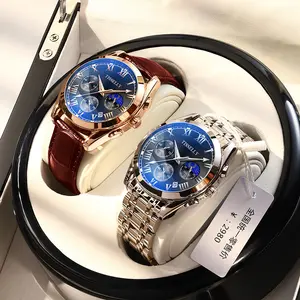 Cheap oem Luxury men business Luminous Quartz Watches Chronograph leather Waterproof Wristwatch set custom with logo