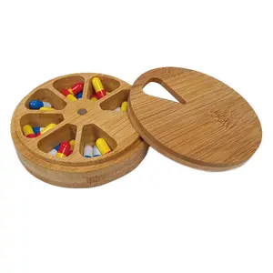 JSY Round Shape Bamboo Case Custom pill storage cases 7 days round pill box medication dispenser medicine box portable pill