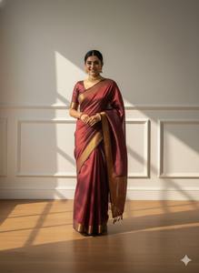 Sari en soie Katan pur de couleur marron, de qualité supérieure et élégant pour femmes, avec un design traditionnel tissé à la main et une finition luxueuse, en provenance d'Inde - Product Image 6