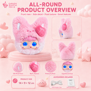 Llavero de Peluche de Conejito Rosa con IA, Cara de Fresa con Pompón, Ojos Holográficos, Clonación de Voz, Más de 50 Idiomas, WiFi Portátil - Product Image 5
