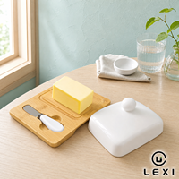 Beurrier rectangulaire en céramique blanche avec couvercle en bambou et couteau, boîte à beurre hermétique pour comptoir de cuisine, maison, restaurant