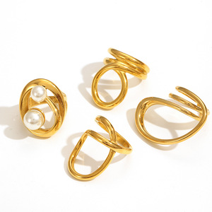 Geometric Stainless Steel <b>Rings</b> For Women 18k Gold Plated <b>Titanium</b> Steel Jewelry Party Fashion <b>Rings</b> With Pearl Inlay - Product Image 4