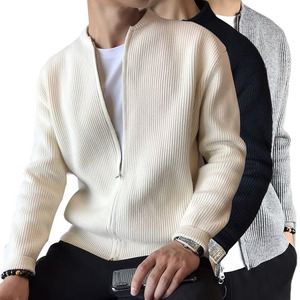 Cardigan zippé en maille unie respirant pour homme, col mandarin, coupe ample, en polyester anti-boulochage et infroissable, idéal pour l'automne et les loisirs - Product Image 1