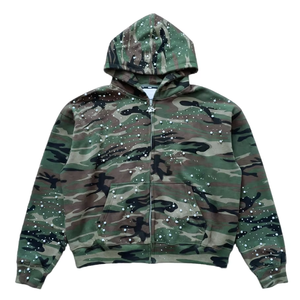 Sweat à capuche zippé camouflage personnalisé pour homme, avec décoration de strass et pois, coupe ample oversize, style streetwear, veste à capuche entièrement zippée - Product Image 1