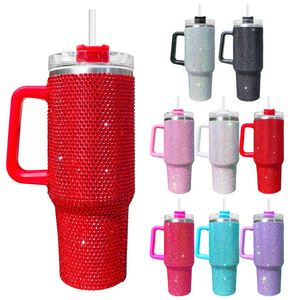 Gobelet isotherme 40 oz multicolore entièrement orné de diamants avec poignée et paille – Vente en gros - Product Image 3