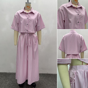 Ensemble jupe de bureau tendance SH7189 pour femmes, chemise rayée à manches courtes et ensemble maxi taille haute, tenue 2 pièces - Product Image 6