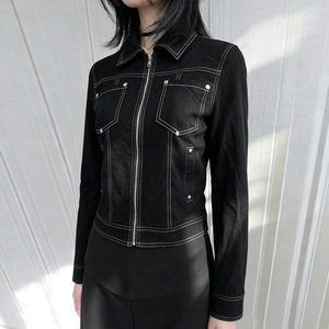 Chaqueta de mezclilla sintética negra para mujer, con cremallera, corte ajustado, estilo corto, con costuras en contraste, manga larga, estilo casual, estilo motero - Product Image 5
