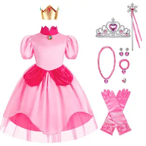 Gaun Princess anak-anak, kostum Halloween gadis persik, Gaun Pinkie Mario Luigi Pink