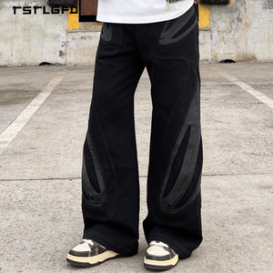 กางเกงยีนส์ผู้ชายทรงตรงหลวมสไตล์วินเทจ แต่งลายปัก ล้างสี ตัดต่อผ้าแบบแฮนด์เมด ระบายอากาศได้ดี - Product Image 1