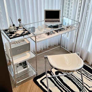 Moderno di lusso <span class=keywords><strong>in</strong></span> acciaio inox <span class=keywords><strong>vetro</strong></span> temperato Computer scrivania a doppio motore semplice antico tavolo da ufficio per la scrittura di casa cosmetici - Product Image 1