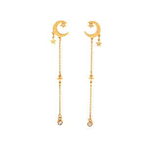 Pendientes de Moda con Baño de Oro PVD, Acero Inoxidable 316L, Diseño de Luna y Estrella, Cadena Larga, Joyería Resistente y Sostenible - Product Image 1