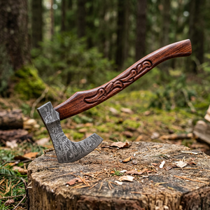 SIZZCO Viking Style Bearded <b>Axe</b> Damascus Steel <b>Axe</b> Head Wood <b>Handle</b> Leather Sheath Industrial Tomahawk Hatchet Hunting Camping - Product Image 1