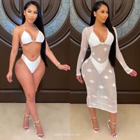 2022 Zomer Nieuwe Badmode Plus Size Custom Logo Bikini Set Sexy Doorzichtige Mesh Bikini Driedelige Set Strandbedekking