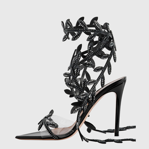 รองเท้าส้นสูงแบบรัดข้อเท้า สายไขว้ยาว ประดับใบไม้วิบวับ สำหรับผู้หญิง ดีไซน์เซ็กซี่ สายรัดเส้นเดียว ปลายแหลม ส้นเข็ม - Product Image 4