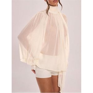 Blusa de Gasa Transparente para Mujer, Cuello Alto, Manga Larga, Manga Abullonada, Top Elegante para Fiesta, Atuendo Casual - Product Image 5