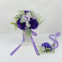 Penjualan Panas Buket Pengantin Mawar Ungu Tua Elegan Buatan Tangan dari Sutra Buatan dengan Aksen Lavender dan Tali Rami.