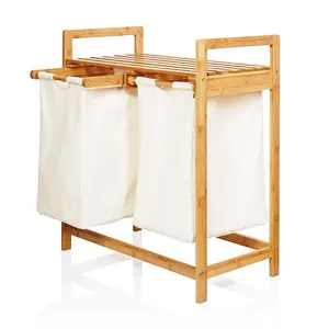 Hot Bamboo Laundry Hamper Basket Organizer And Removable Sliding Bags for bathroom