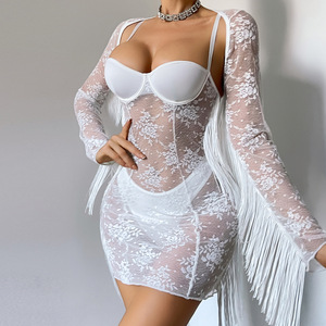 Set Elegante da Donna Royalcore con Cardigan con Frange e Paillettes, Abito Aderente Trasparente in Pizzo e Slip, Bianco Puro S M L - Product Image 2