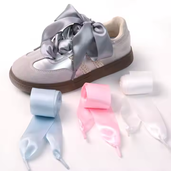 Custom High Quality Satin Ribbon Shoelaces Smooth Silky Casual Style Flat Polyester Shoe Laces Metal Tip Pairs