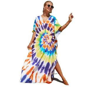 DAMOCHIC Fashion Cover Up pakaian renang wanita ukuran besar pakaian renang Cover Up Kaftan sarung Rayon cetak Maxi panjang gaun pantai 2023