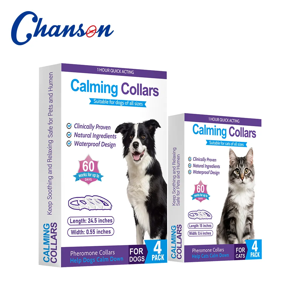 Collar calmante con logotipo personalizado de fábrica Chanson para perros, 4 paquetes de collar calmante de feromonas para perros