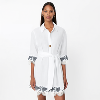 Nouvelle Robe Chemise Courte Midi Bohème Personnalisée pour Femme, Blanche, à Manches Longues, avec Broderie Paisley, Bordure en Dentelle, Boutonnée et Ceinture à Nouer