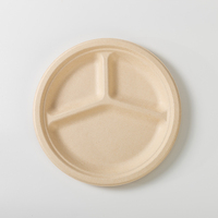 Assiettes biodégradables en bagasse compostable à 3 compartiments de 9 pouces, couleur blanc naturel, certifiées LFGB, logo personnalisé pour le camping
