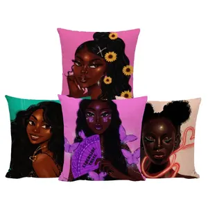 紫色头发黑色女孩枕套亚麻印花方形美国非洲女性扔靠垫盒